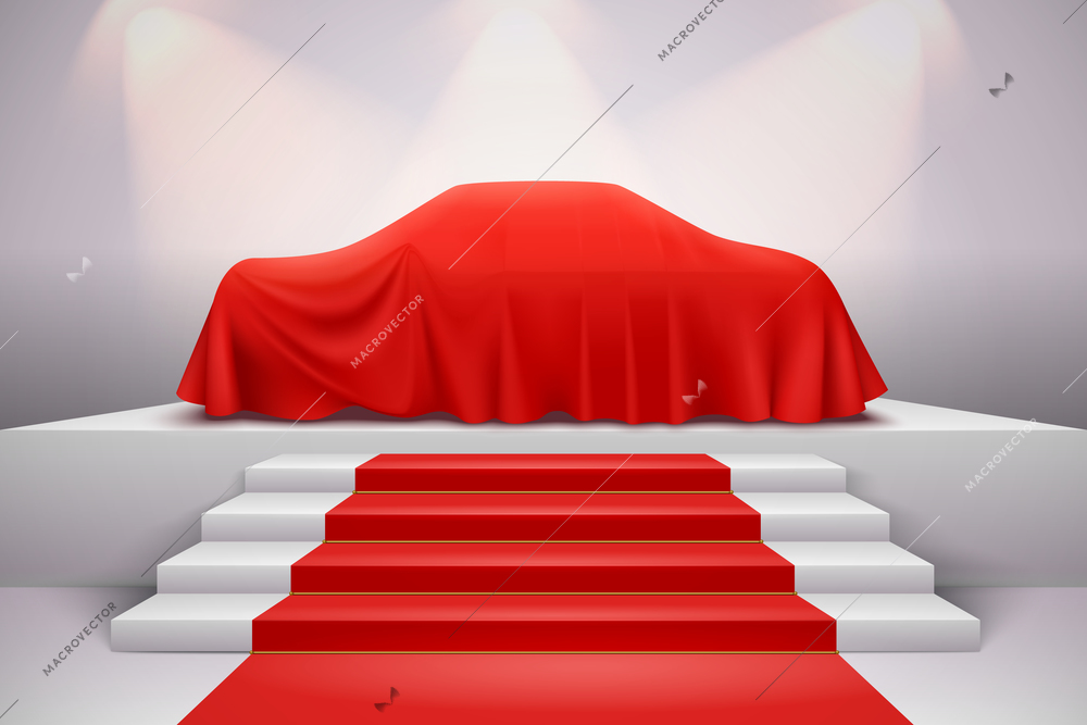 Luxury car covered with red silk draped cloth presentation on podium with staircase carpet realistic vector illustration