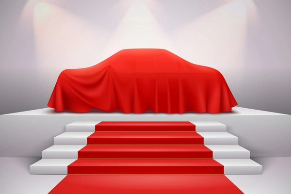 Luxury car covered with red silk draped cloth presentation on podium with staircase carpet realistic vector illustration