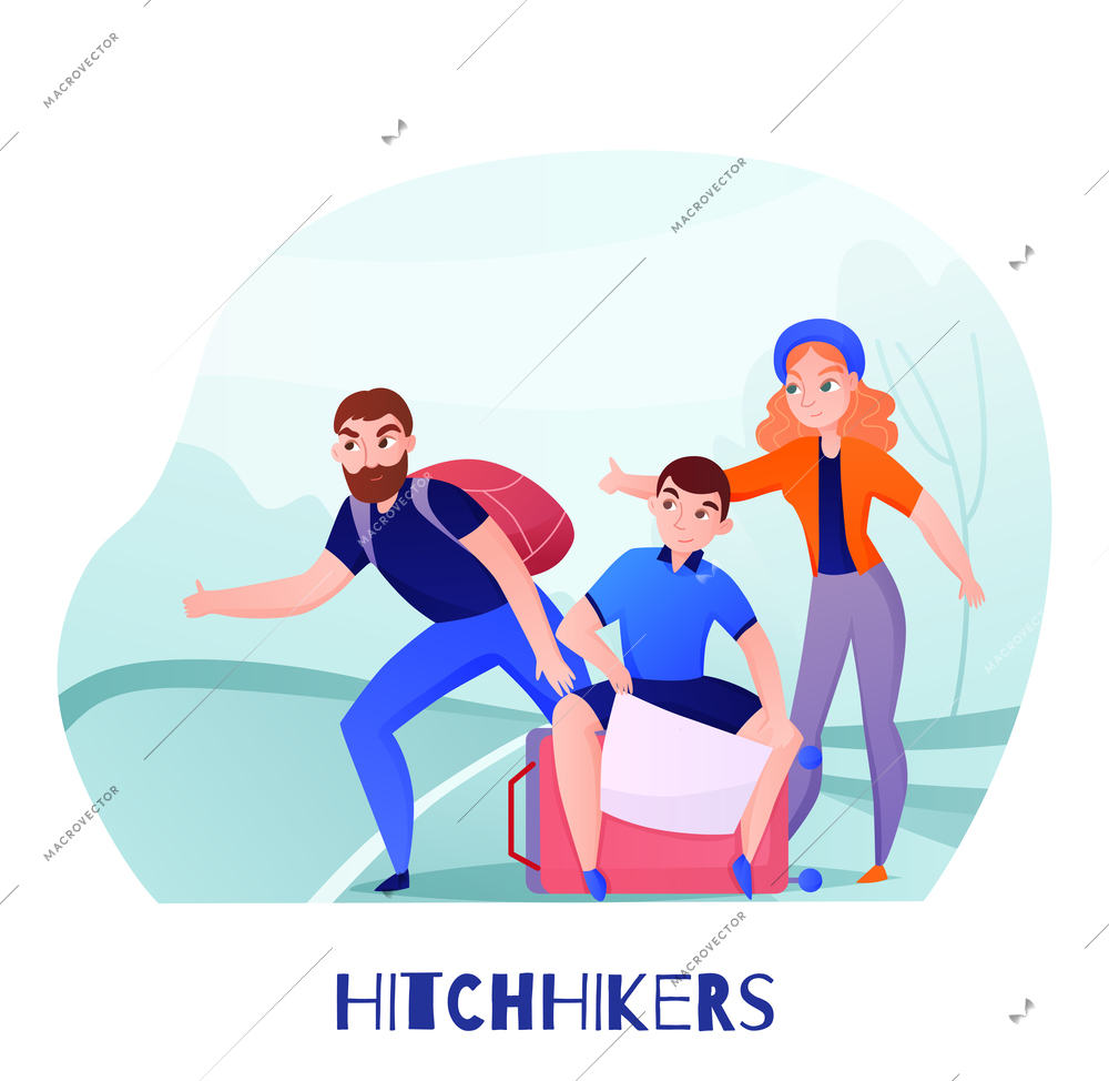 Group of travelers hitchhikers with luggage on road during catch of car vector illustration