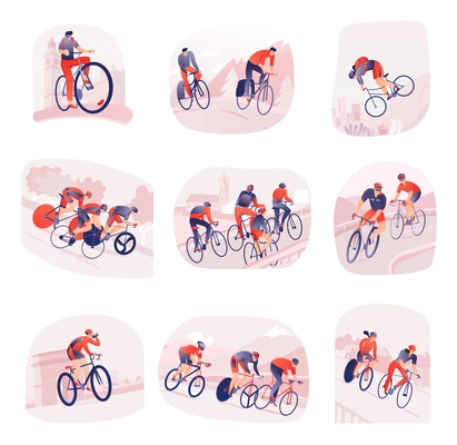 Set of compositions with bicyclists during cycling tour on background of city or nature isolated vector illustration