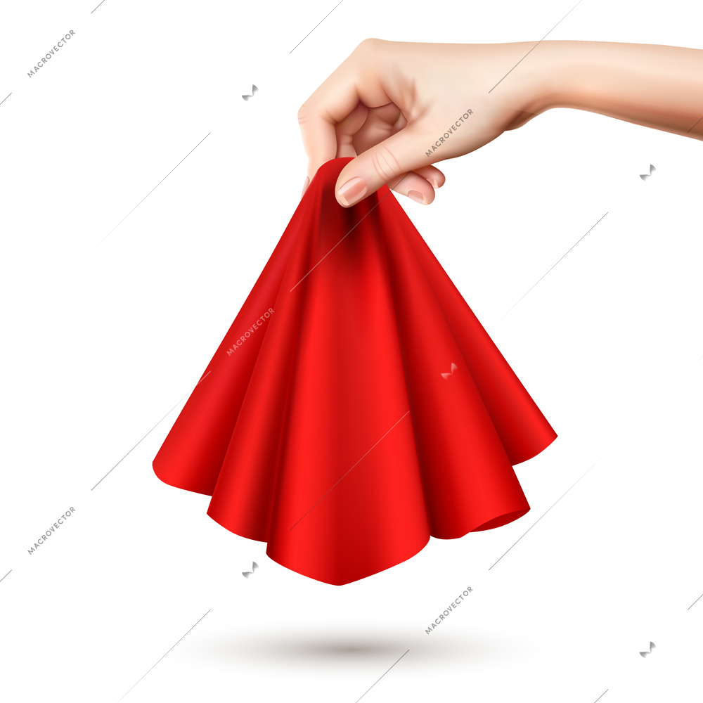 Elegant female hand raising red silk round draped silk cloth holding it center realistic image vector illustration