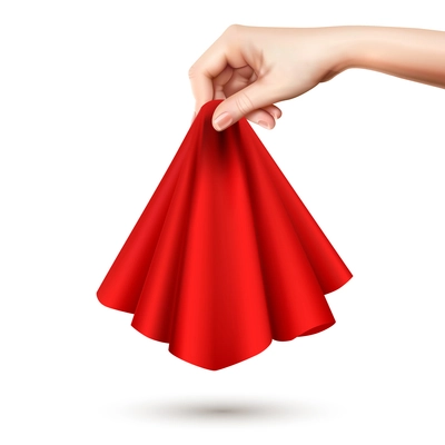 Elegant female hand raising red silk round draped silk cloth holding it center realistic image vector illustration