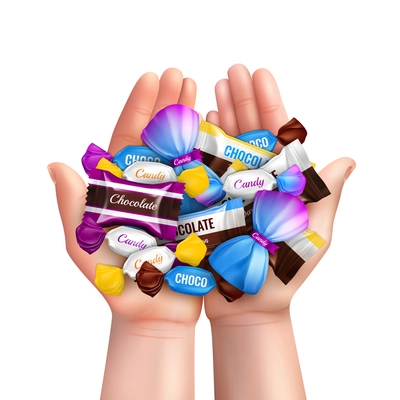 Realistic composition with heap of various chocolate candies in child hands vector illustration