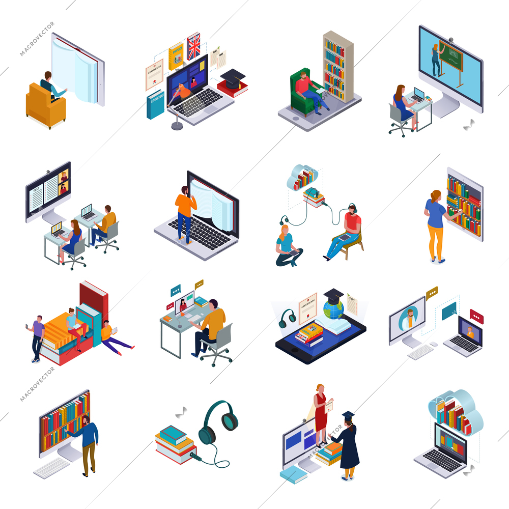 Isometric icons set with people and various devices for reading and studying in online library 3d isolated vector illustration