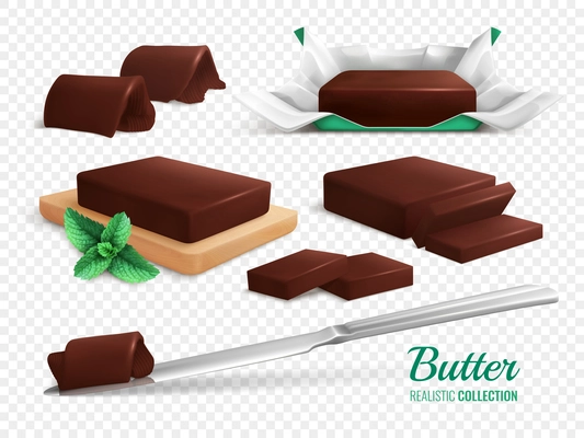 Slices rolls and sticks of delicious chocolate butter realistic set isolated on transparent background vector illustration