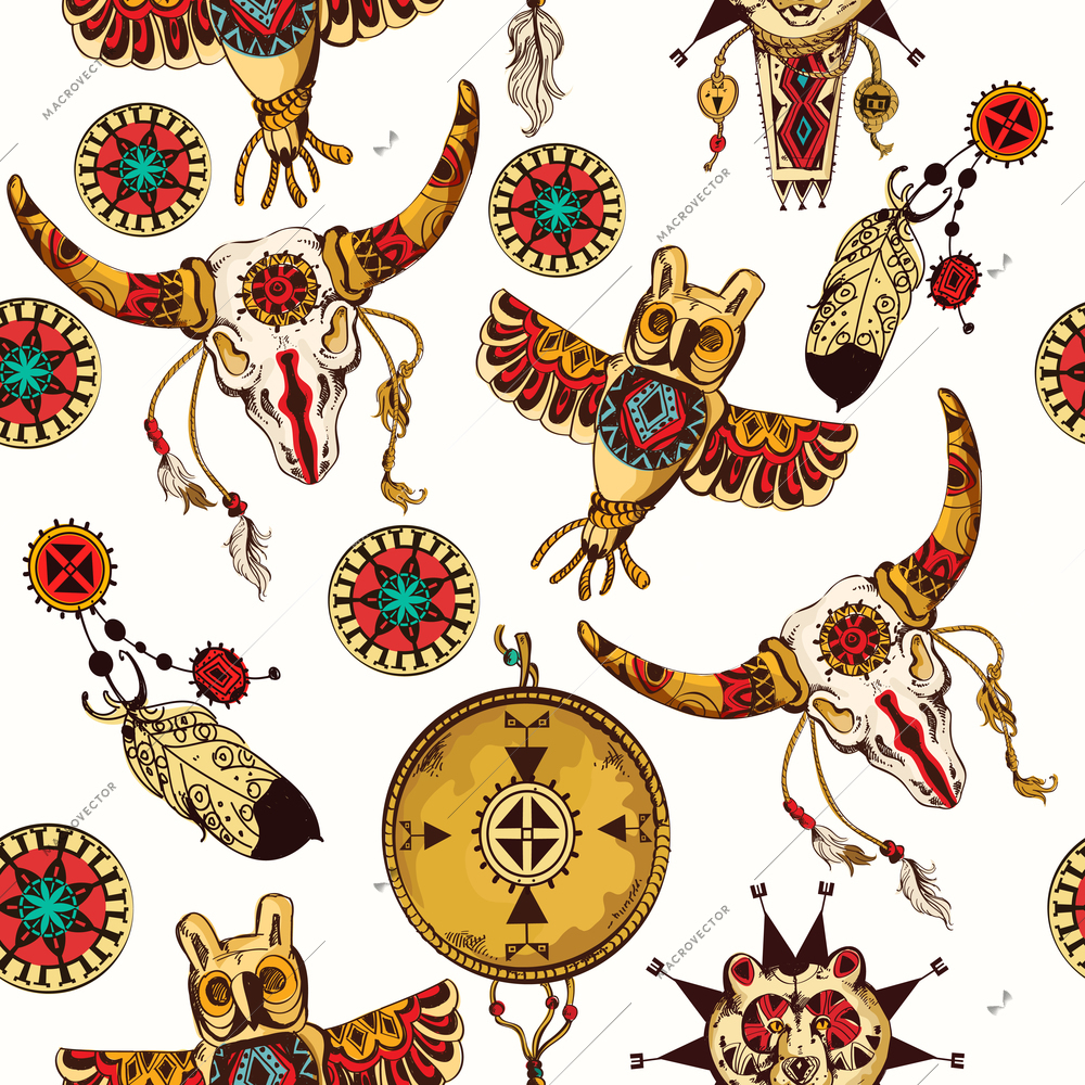 Tribal seamless background set with indian feather dreamcatchers and tribal animal totems vector illustration