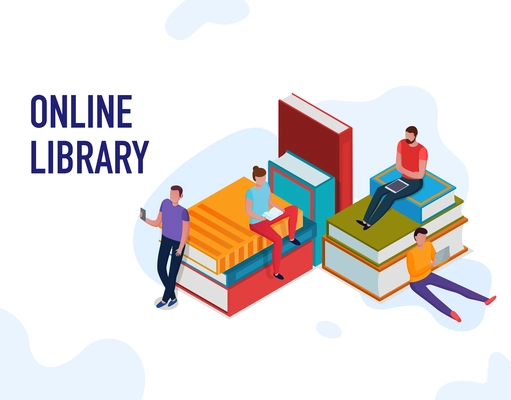 People reading books and using online library 3d isometric vector illustration