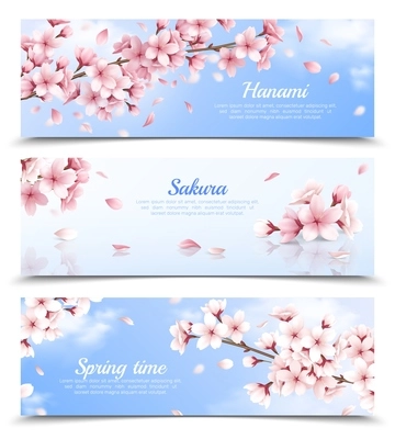 Realistic set of three horizontal banners with blossoming sakura flowers on blue sky background isolated vector illustration