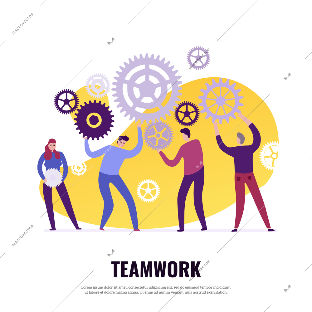 Teamwork process flat concept with people and gear wheels on white background vector illustration