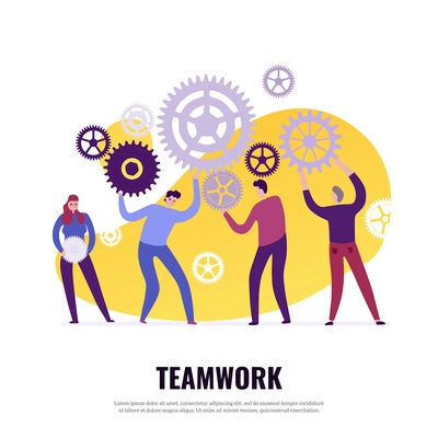 Teamwork process flat concept with people and gear wheels on white background vector illustration