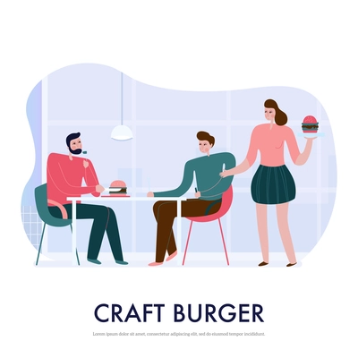 People eating burgers in bistro flat vector illustration