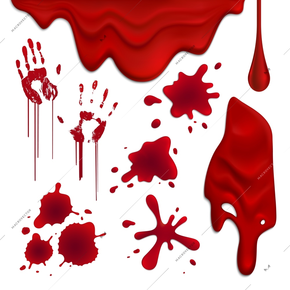 Realistic blood drops and blots set isolated on white background vector illustration