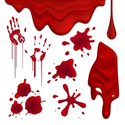 Realistic blood drops and blots set isolated on white background vector illustration