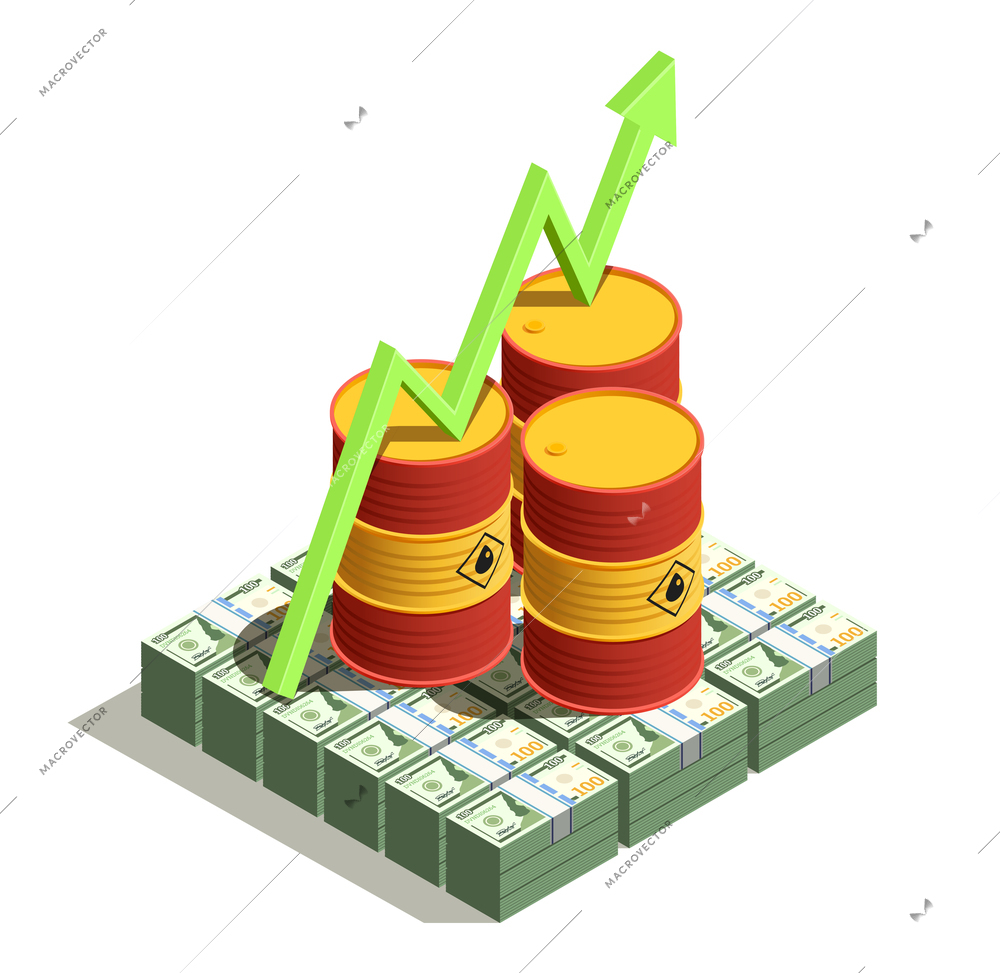 Oil petroleum industry production benefits isometric composition with dollar banknotes and barrel value growth arrow vector illustration