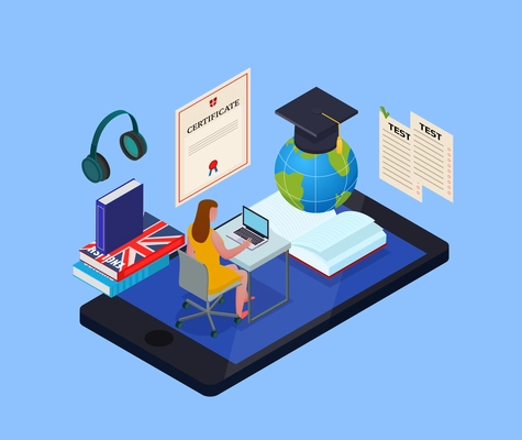 Online education isometric concept with female student using electronic library and various objects for studying 3d vector illustration