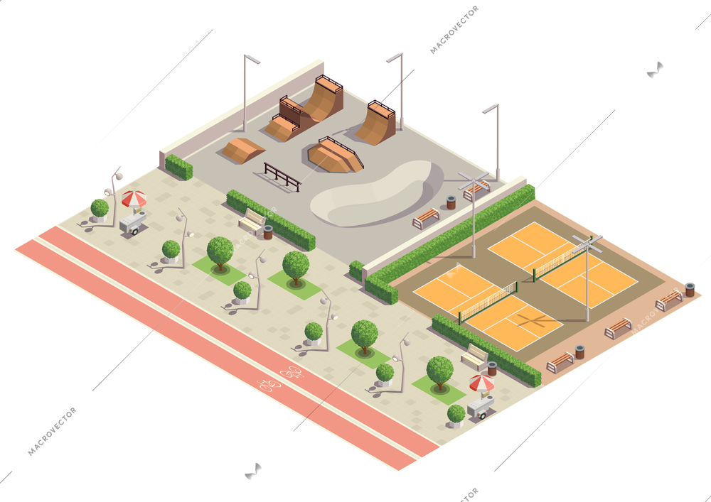 Modern city park recreational sport environment for skateboarding inline skating cycling playing tennis isometric composition vector illustration