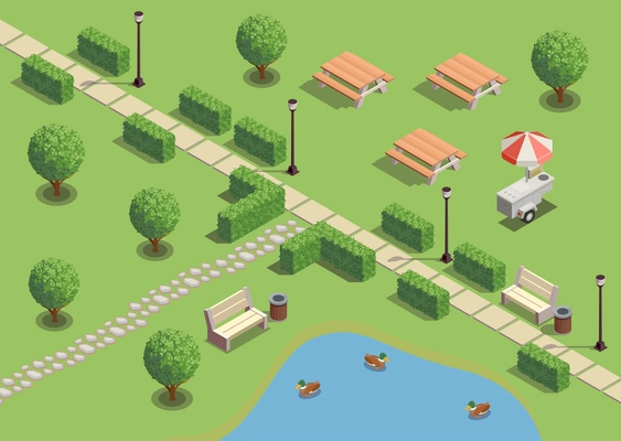 City park recreation area isometric compositions with path pond ducks outdoor furniture lanterns snack vendors vector illustration