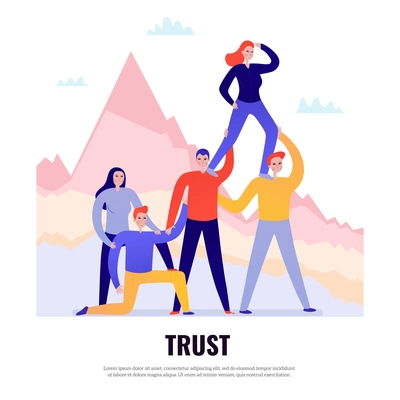 Teamwork flat design concept with people standing together and trusting one another vector illustration