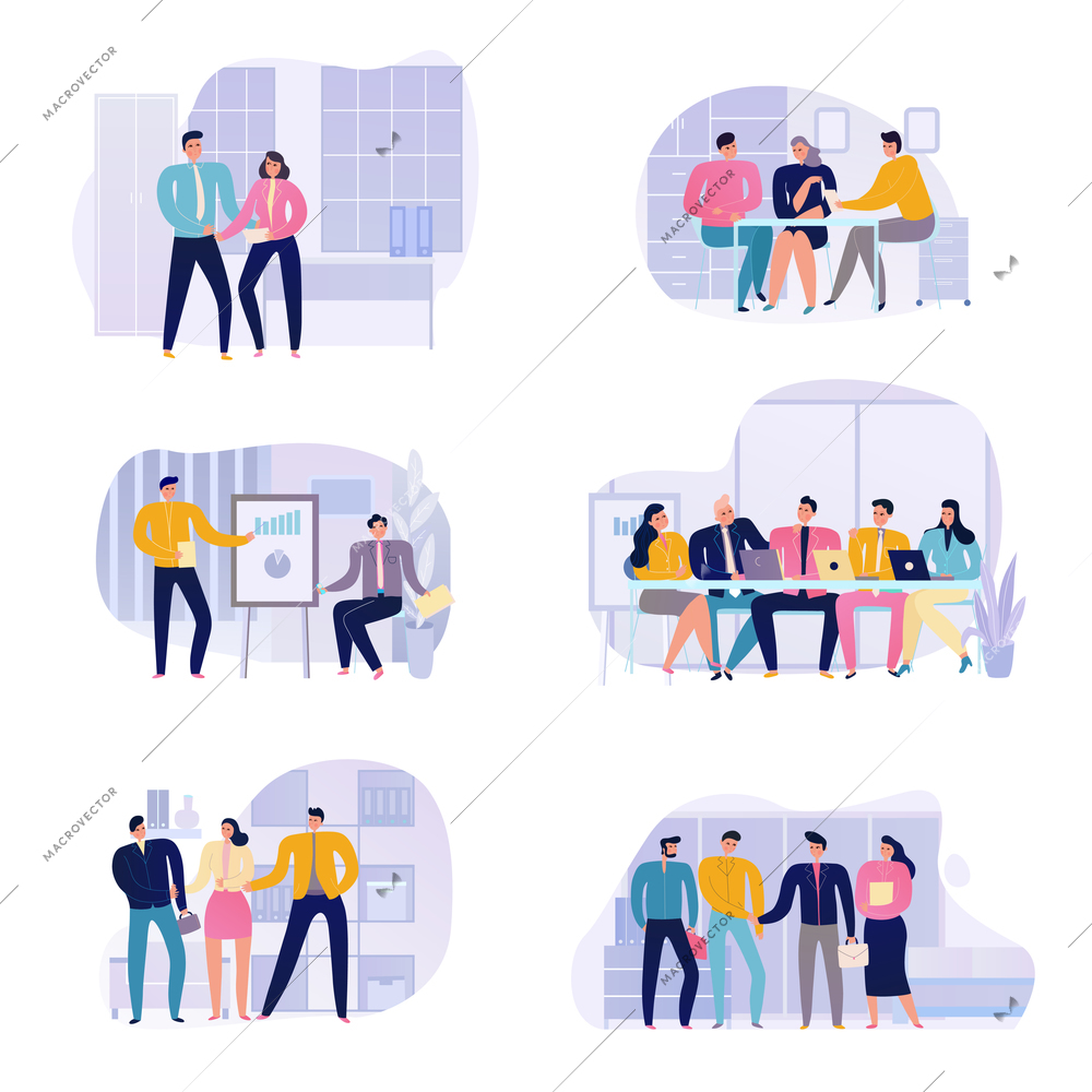 People talking at business meeting flat design icons set isolated on white background vector illustration