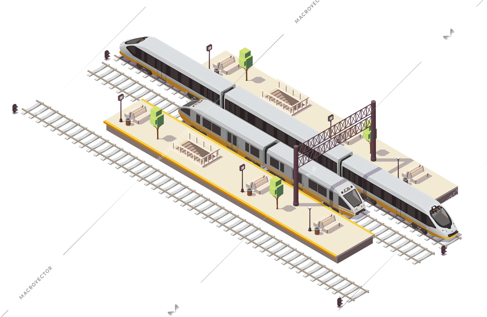 Railway station isometric composition with passenger platforms staircase tunnel entrance rail bus and high speed train vector illustration