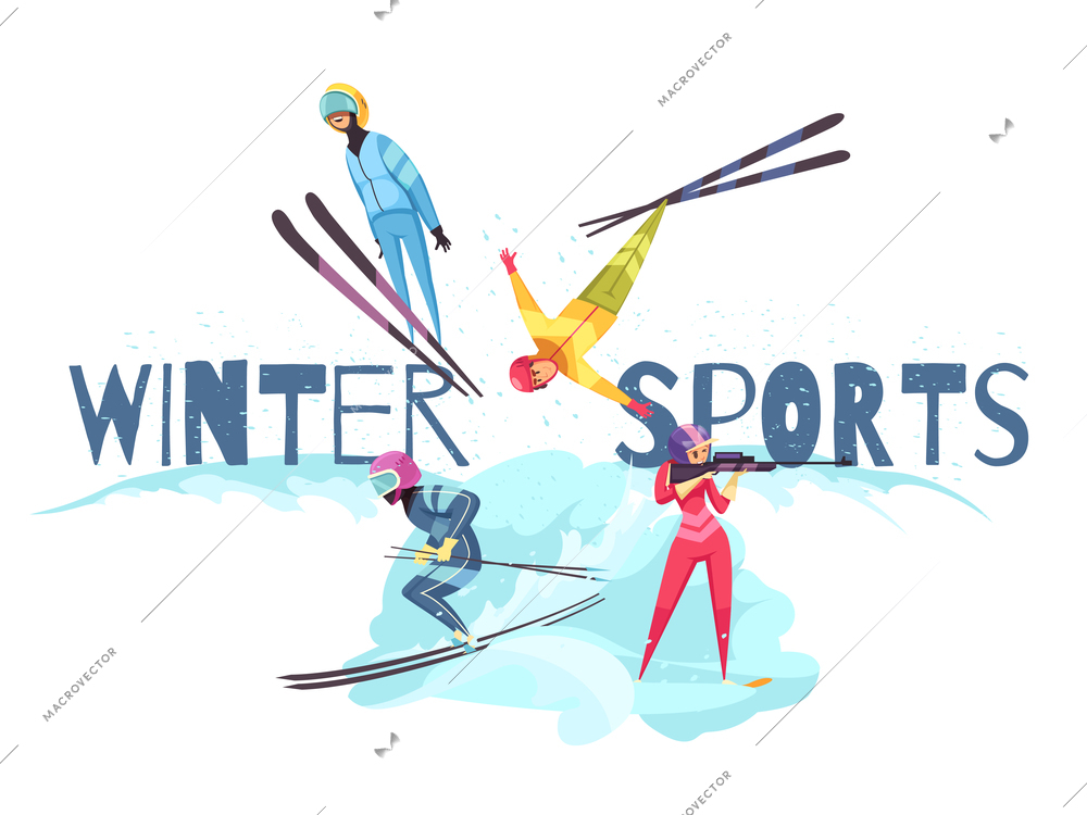Winter sports concept with jumping alpine skiing and biathlon symbols flat isolated vector illustration