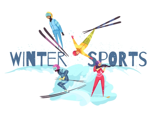 Winter sports concept with jumping alpine skiing and biathlon symbols flat isolated vector illustration