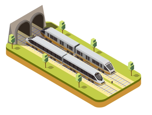 Rail bus and high speed passenger train entering railway tunnel under viaduct bridge isometric composition vector illustration