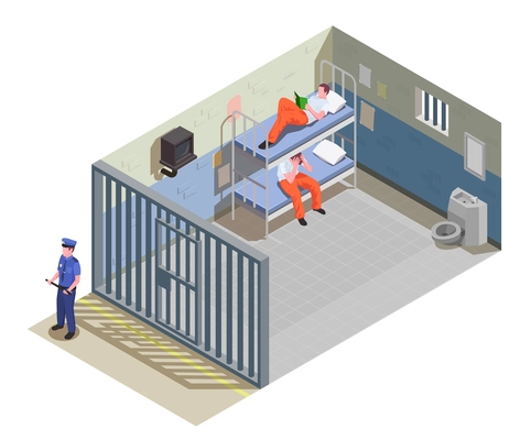 Locked jail cell for two inmates with prisoners in uniform and security guard isometric composition vector illustration