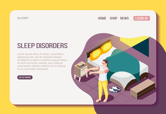 Disorder of night resting isometric web page with girl during walking in sleep vector illustration