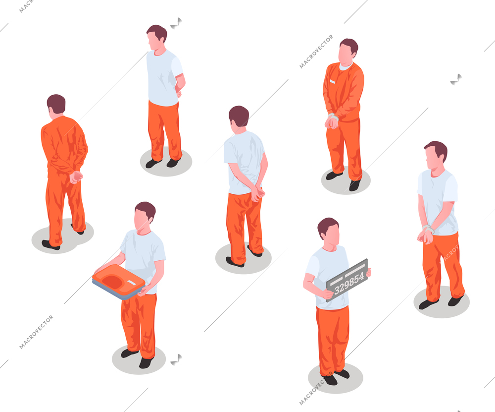 Jail inmates criminals arrested incarcerated persons male characters in prison detainee uniform isometric set isolated vector illustration