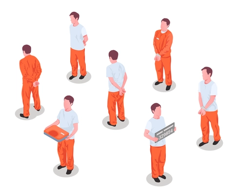 Jail inmates criminals arrested incarcerated persons male characters in prison detainee uniform isometric set isolated vector illustration