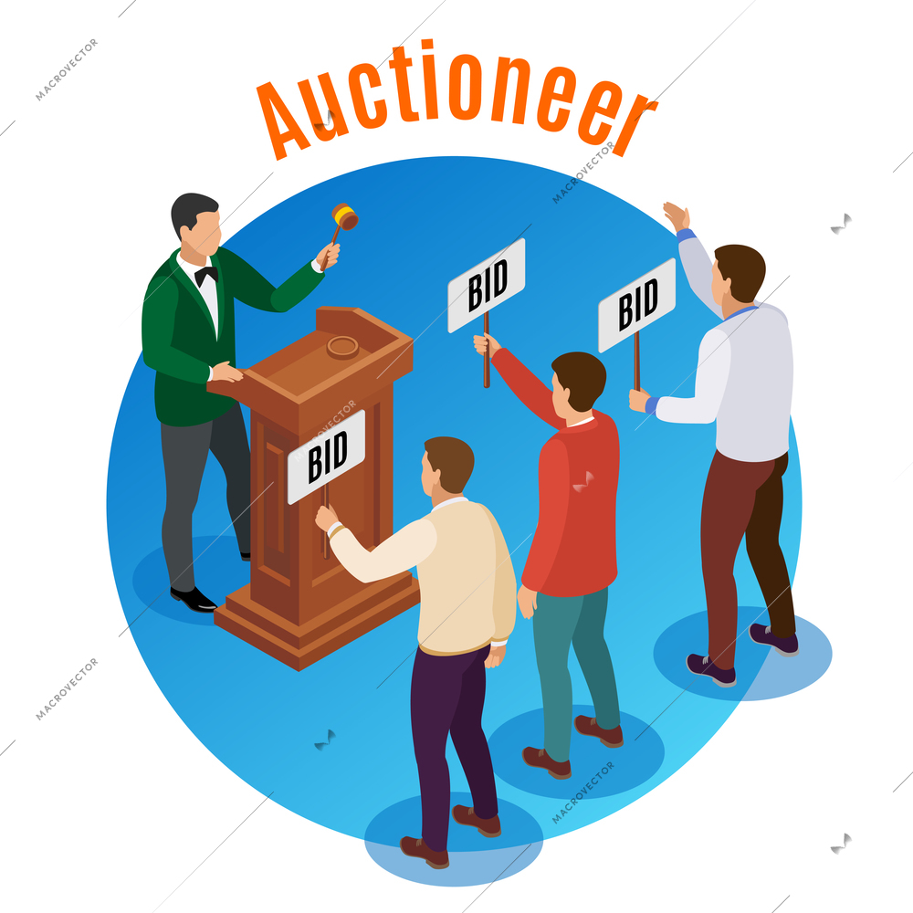 Round auction isometric emblem with auctioneer and three men with tablets in their hands vector illustration