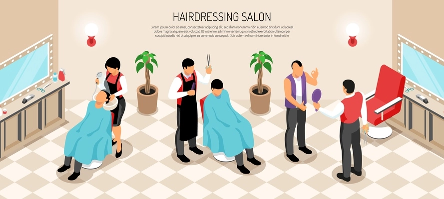 Barber shop with interior elements hair dressers and customers of male salon isometric horizontal vector illustration