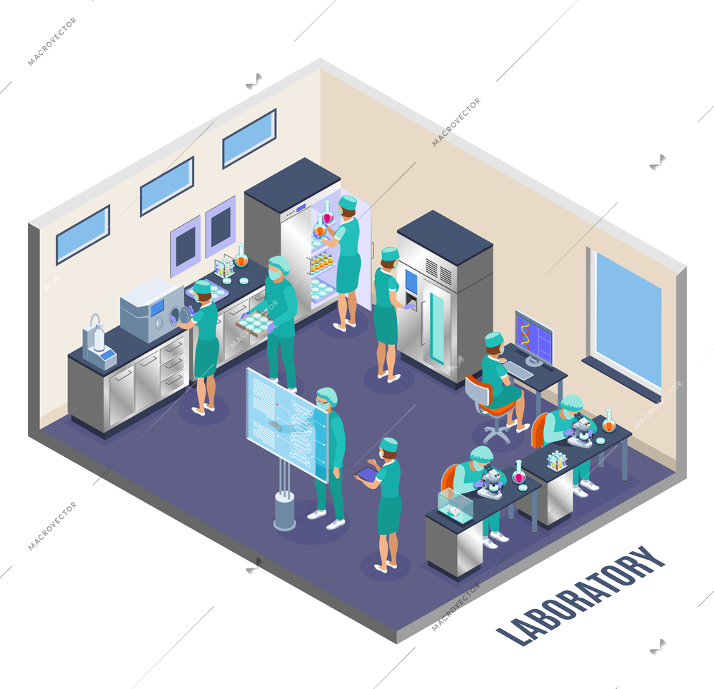 Microbiology isometric composition laboratory room and walls with scientists at the work vector illustration