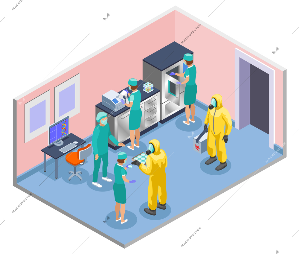 Microbiology isometric and colored composition with scientists in lab coats and medical masks vector illustration