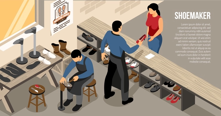 Master during customer communication at shoe work shop isometric horizontal vector illustration