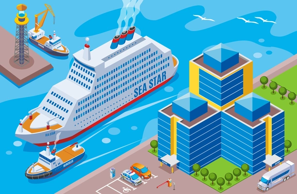 Seaport isometric colored concept with big ship named sea star sailing in the port vector illustration