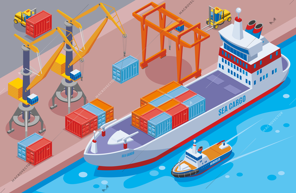 Seaport isometric and colored composition with big sea cargo ship at the seaport vector illustration