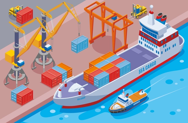 Seaport isometric and colored composition with big sea cargo ship at the seaport vector illustration