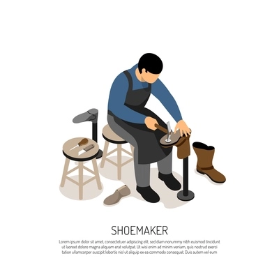 Shoe maker with professional tools at work shop isometric vector illustration