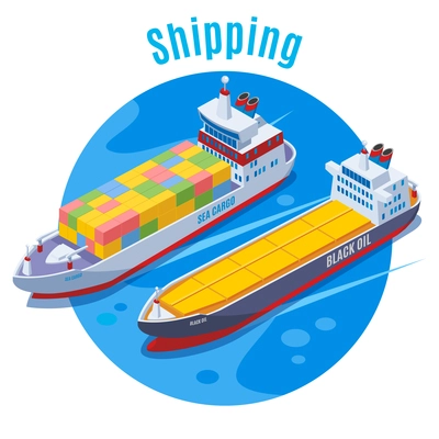 Round seaport isometric background with two logistic ship on blue fond and big headline shipping vector illustration