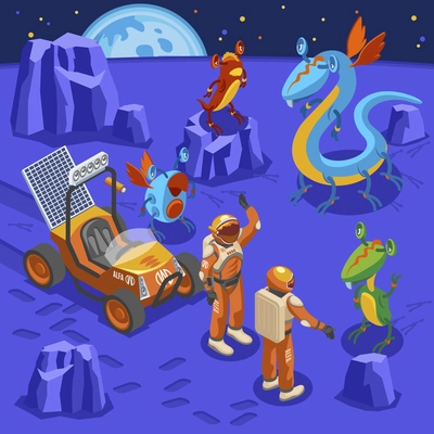 Aliens isometric background astronauts on unknown planet and big eyed monsters around vector illustration