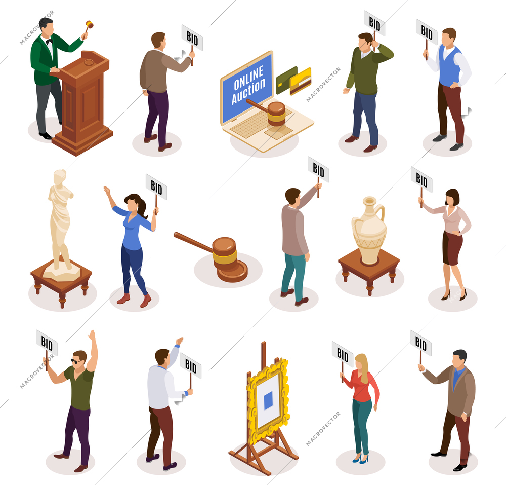 Auction isometric and isolated icon set with people with nameplate in their hands vector illustration