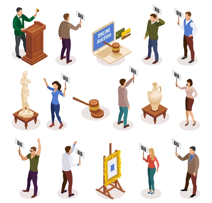 Auction isometric and isolated icon set with people with nameplate in their hands vector illustration