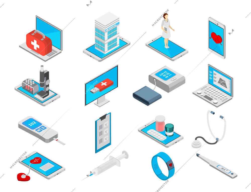 Mobile medicine isometric icons set with treatment symbols isolated vector illustration