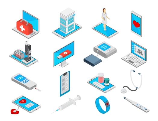 Mobile medicine isometric icons set with treatment symbols isolated vector illustration