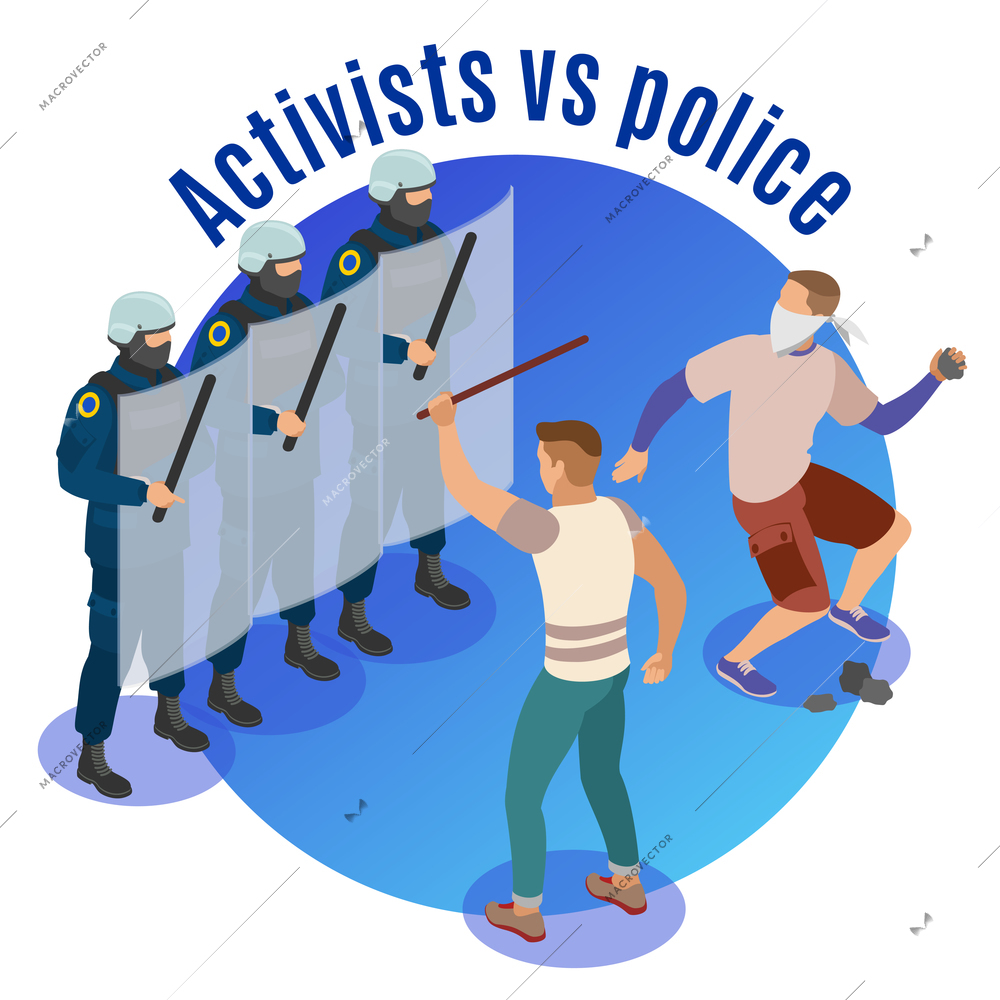 Activists vs police round background with radicals attacking police officers defending with shields isometric vector illustration