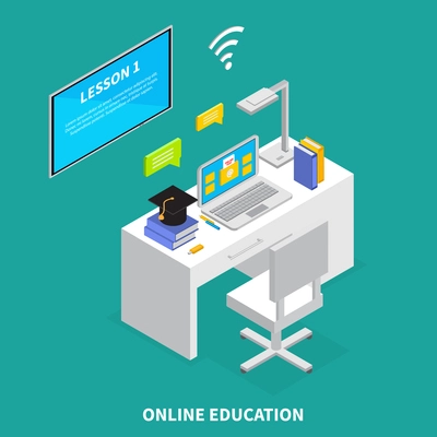 Online education concept with lessons and exams symbols isometric  vector illustration