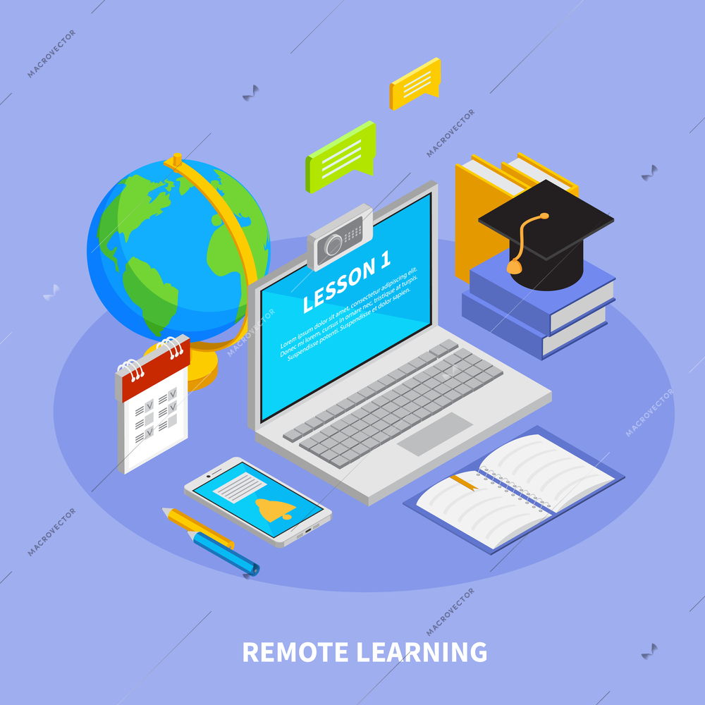 Online education concept with remote learning symbols isometric  vector illustration