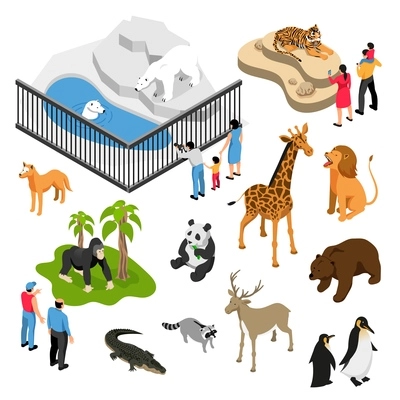 Isometric set of animals and people during visit to zoo on white background isolated vector illustration